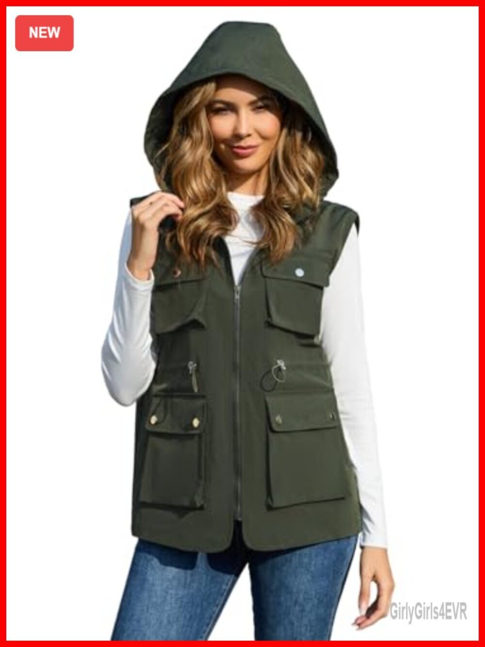 Women's Packable Utility Vest Waterproof Windbreaker Jacket with Removable Hood